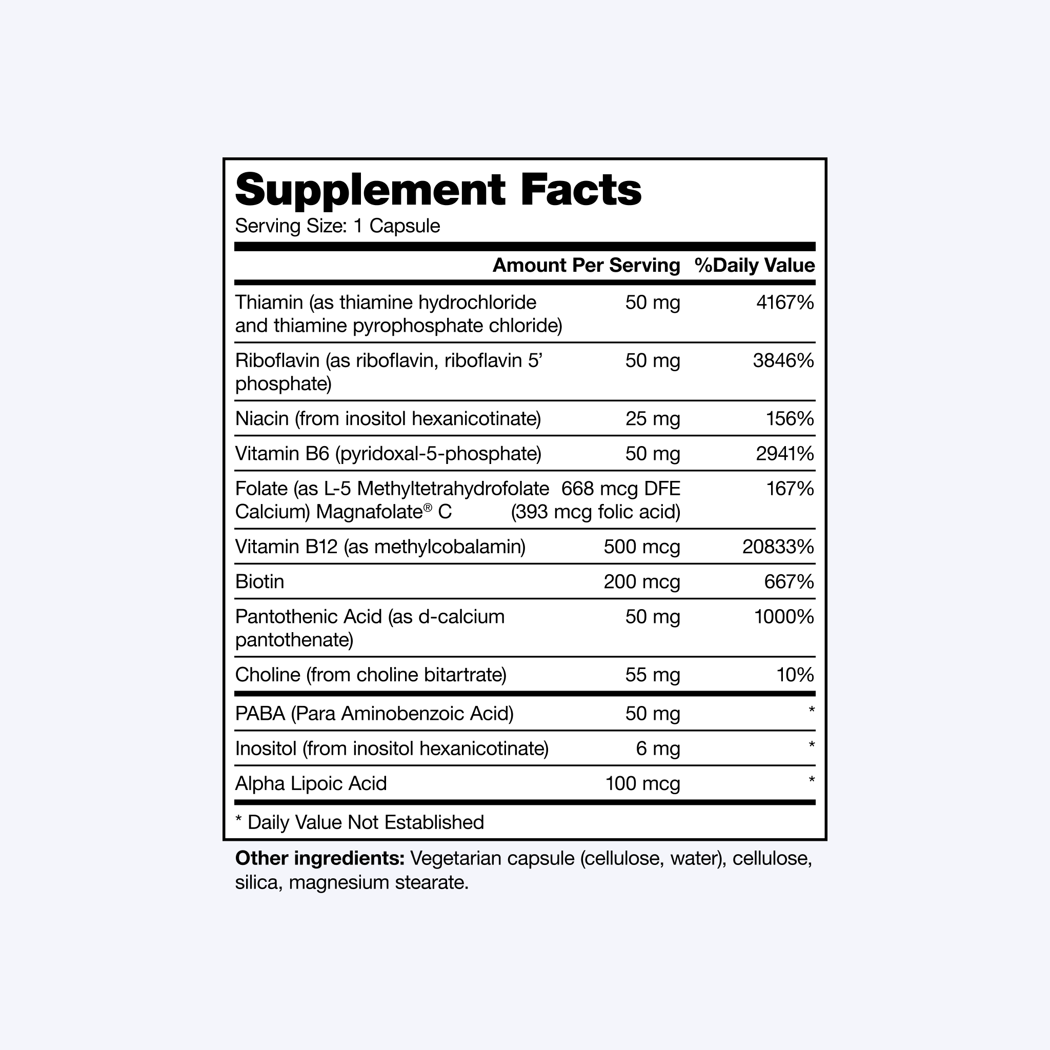 Supplement facts label for a vitamin b-complex capsule.