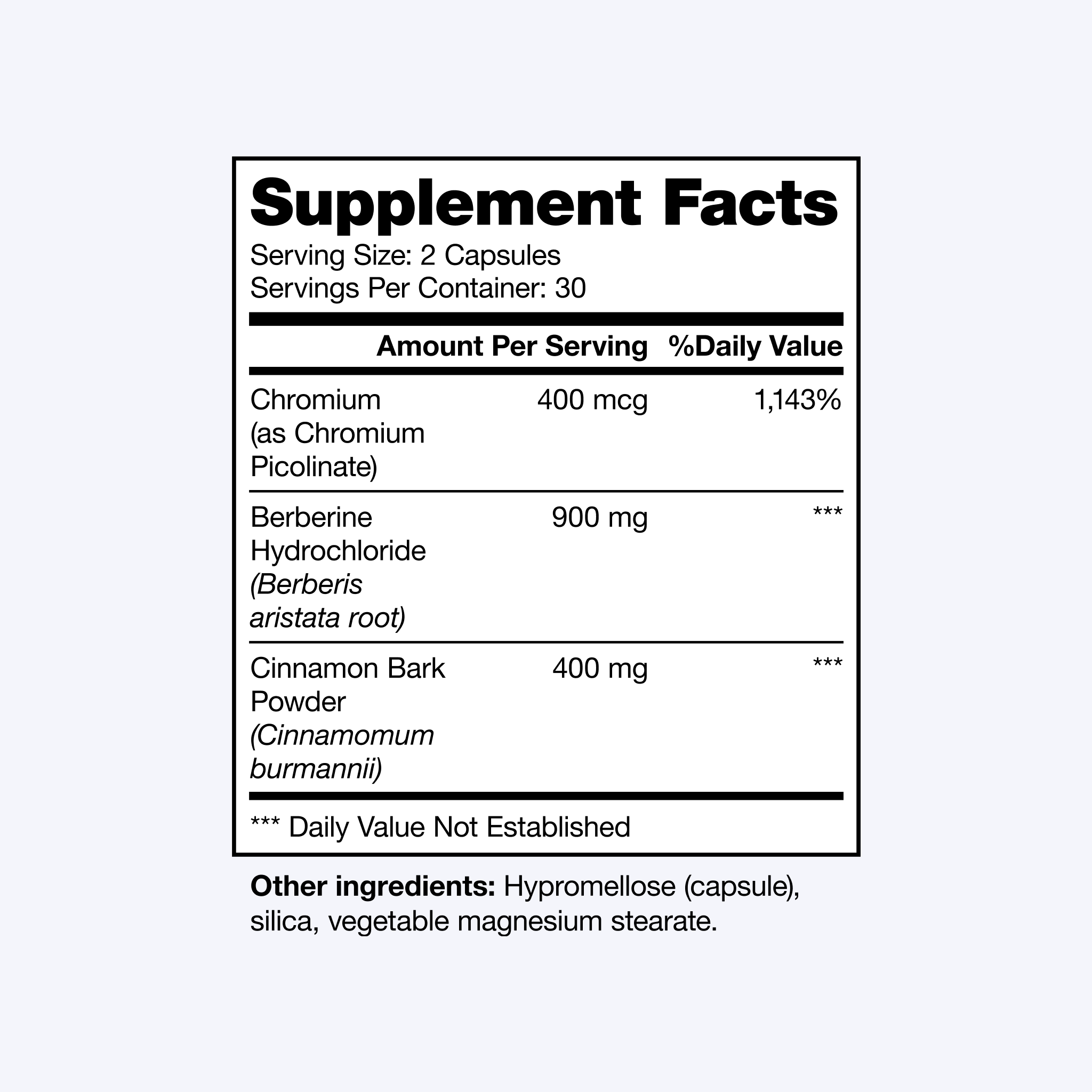 Supplement facts label with listed ingredients and amounts per serving.