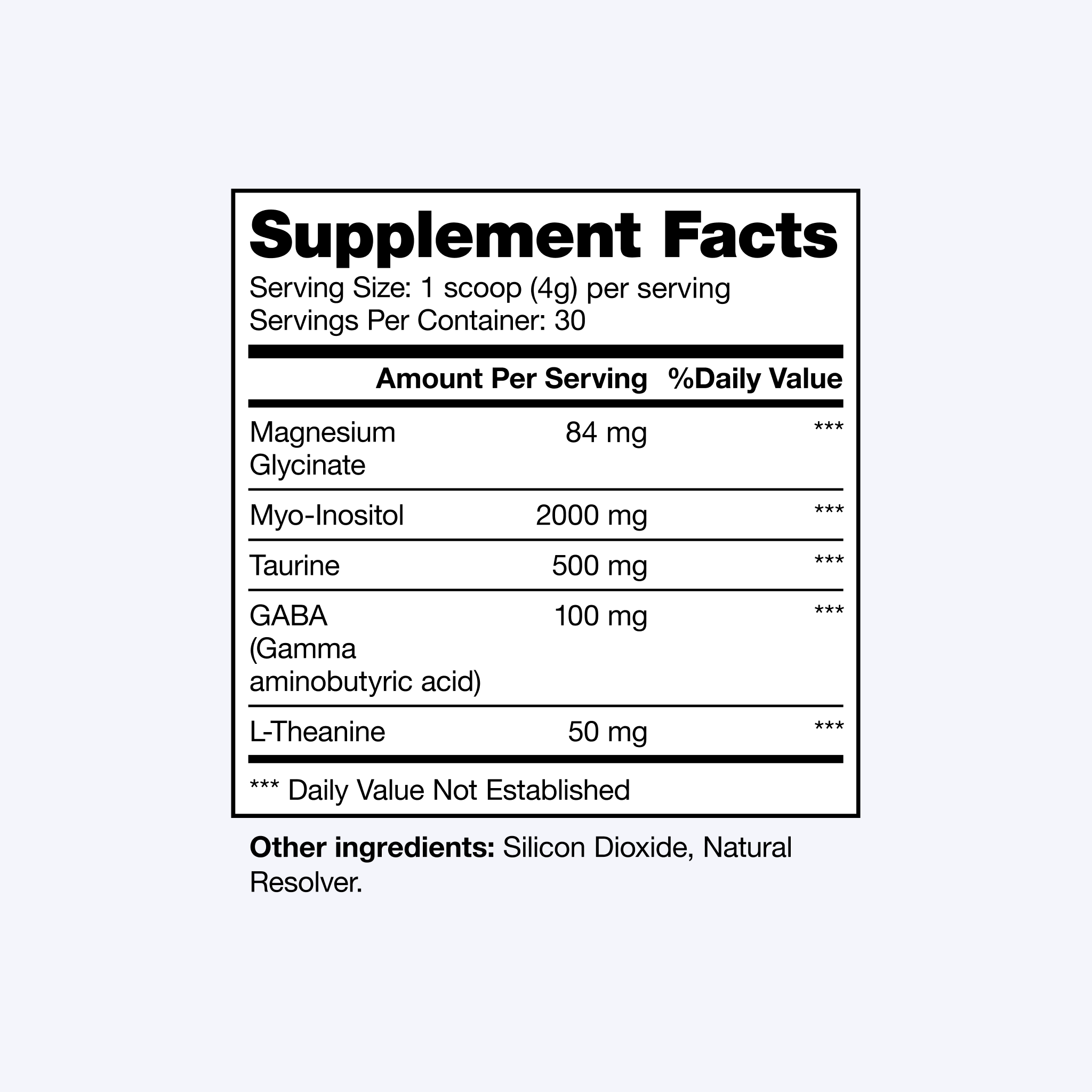 Supplement facts label with listed ingredients and amounts per serving.